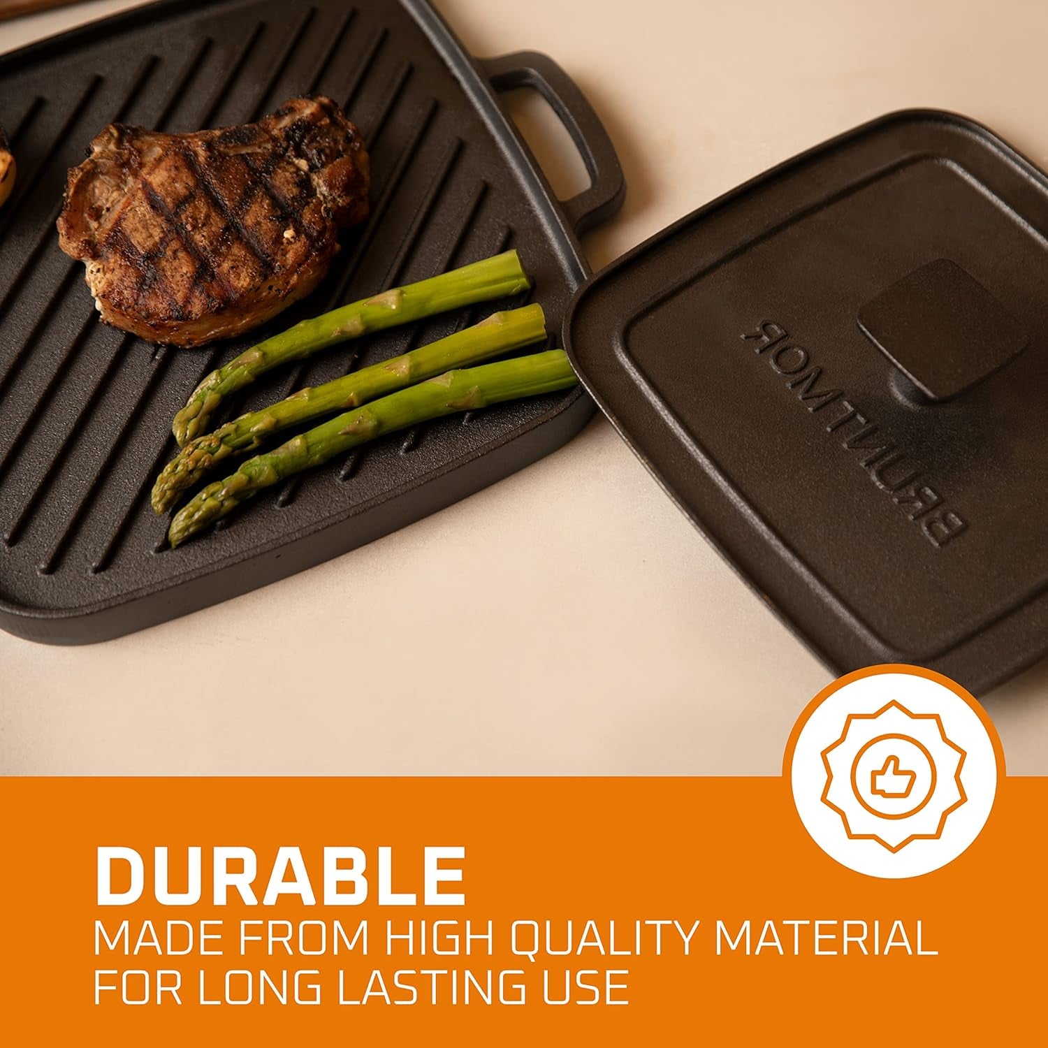 2-In-1 Pre-Seasoned Cast Iron Reversible Griddle Grill Pan with Heavy Grill Press - 10 X 10 Inches Square Pan for Stove Top and Oven Cooking - Durable Grip Handle for Easy Use - Black
