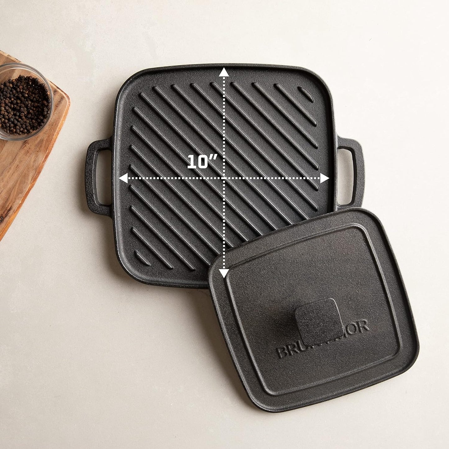2-In-1 Pre-Seasoned Cast Iron Reversible Griddle Grill Pan with Heavy Grill Press - 10 X 10 Inches Square Pan for Stove Top and Oven Cooking - Durable Grip Handle for Easy Use - Black