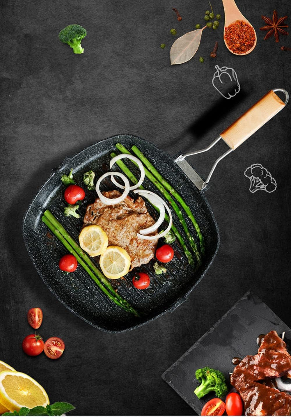 Nonstick Grill Pan with Folding Handle Striped Steak Frying Pan Square Skillet Baking Pan Household or Camping Cookware (8-Inch, Black)