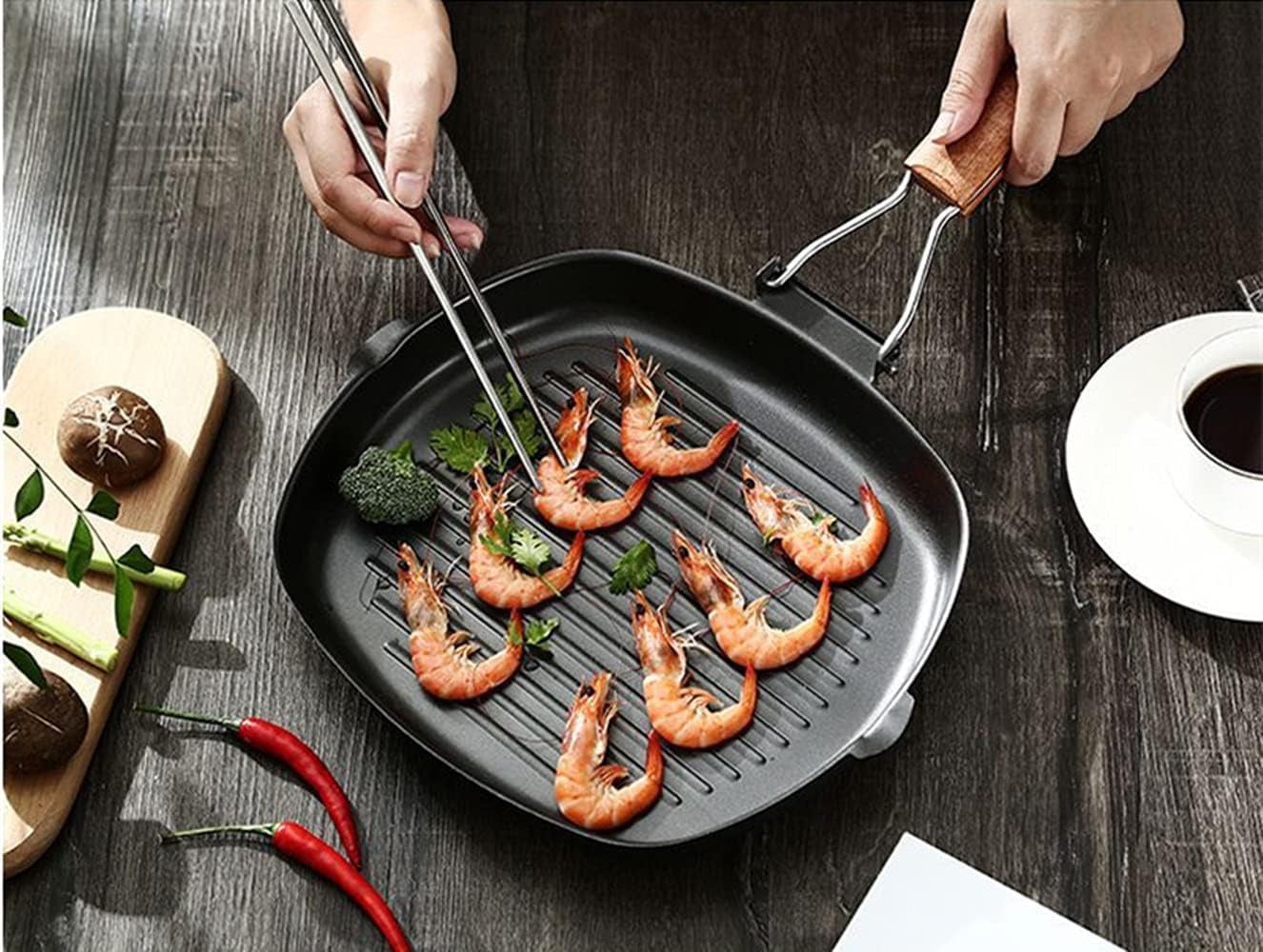 Nonstick Grill Pan with Folding Handle Striped Steak Frying Pan Square Skillet Baking Pan Household or Camping Cookware (8-Inch, Black)