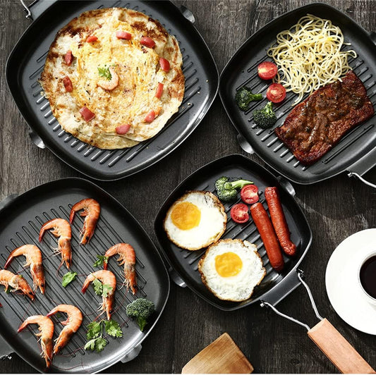 Nonstick Grill Pan with Folding Handle Striped Steak Frying Pan Square Skillet Baking Pan Household or Camping Cookware (8-Inch, Black)