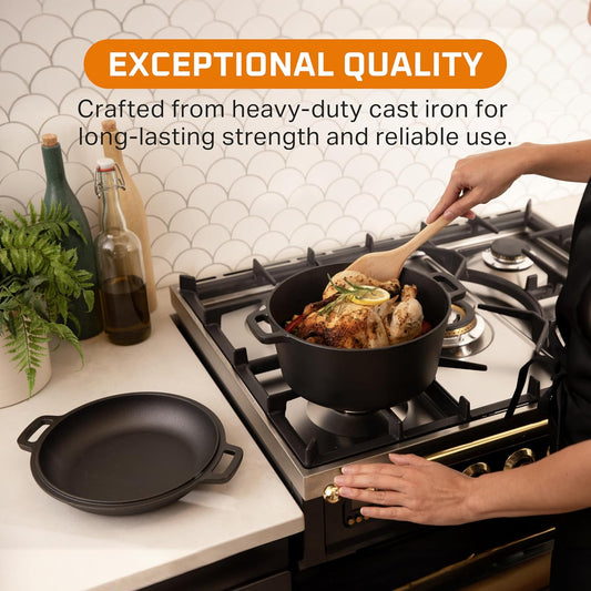 2-In-1 Pre-Seasoned Cast Iron Dutch Oven with Handles - Crock Pot Black Cast Iron Pot with Skillet Lid - All-In-One Cookware Braising Pan for Casserole Dish - 5 Quart - Black