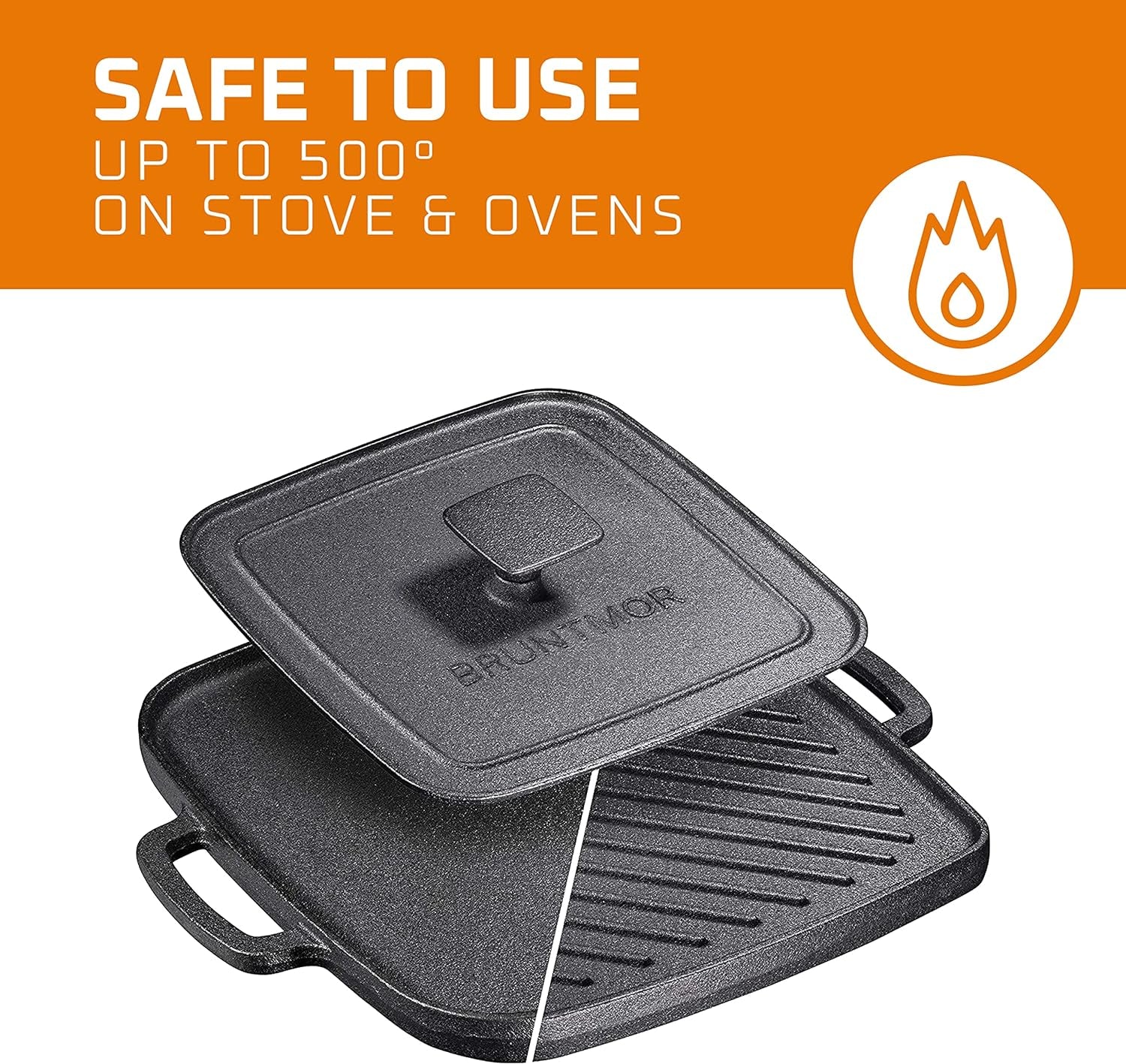 2-In-1 Pre-Seasoned Cast Iron Reversible Griddle Grill Pan with Heavy Grill Press - 10 X 10 Inches Square Pan for Stove Top and Oven Cooking - Durable Grip Handle for Easy Use - Black