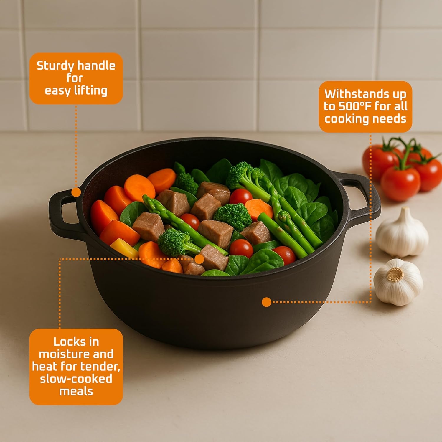 2-In-1 Pre-Seasoned Cast Iron Dutch Oven with Handles - Crock Pot Black Cast Iron Pot with Skillet Lid - All-In-One Cookware Braising Pan for Casserole Dish - 5 Quart - Black