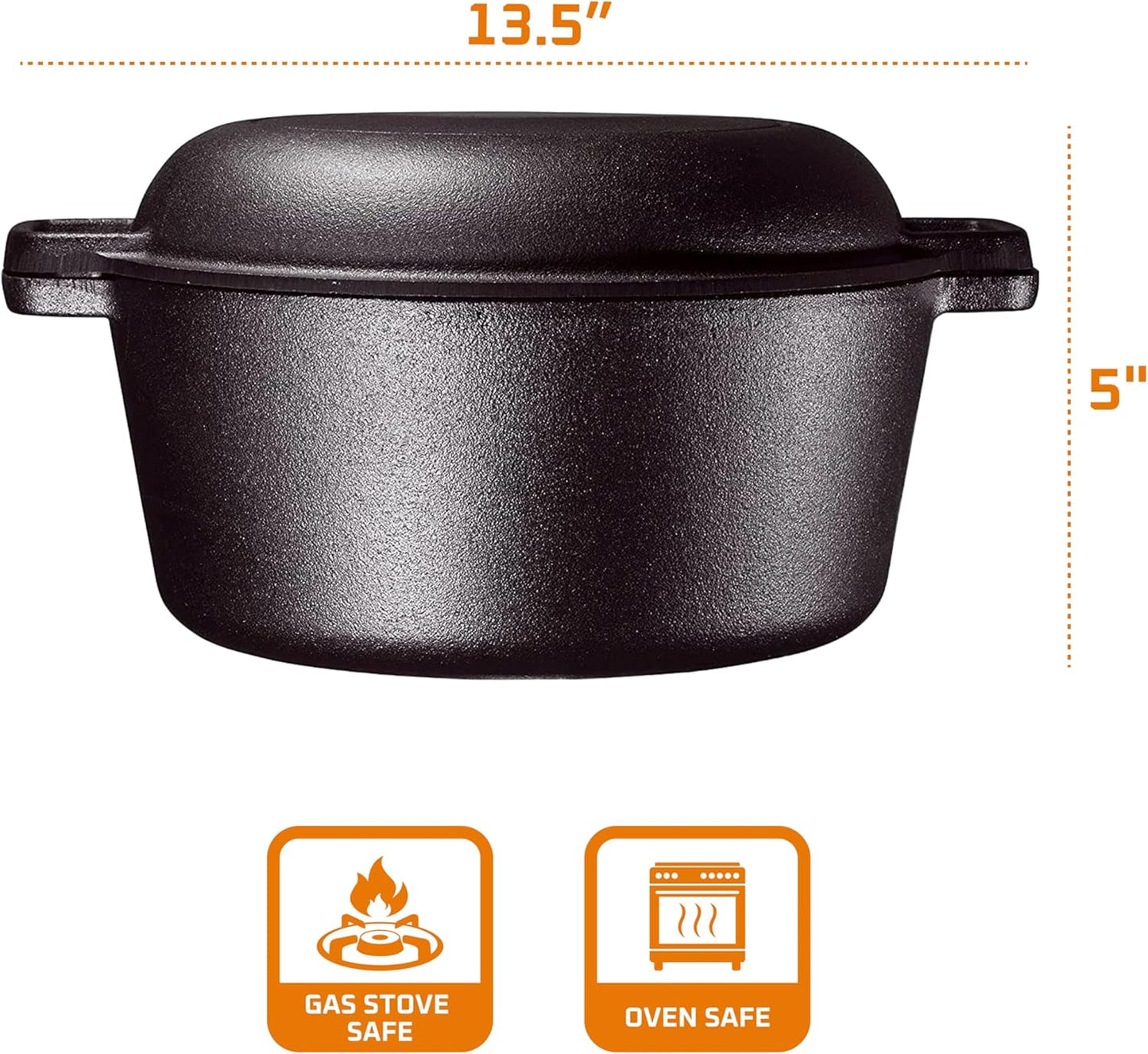 2-In-1 Pre-Seasoned Cast Iron Dutch Oven with Handles - Crock Pot Black Cast Iron Pot with Skillet Lid - All-In-One Cookware Braising Pan for Casserole Dish - 5 Quart - Black