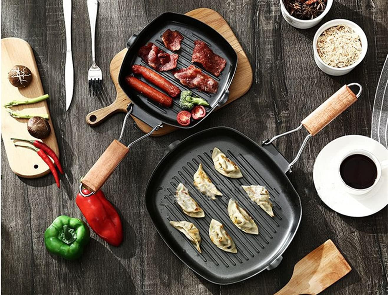 Nonstick Grill Pan with Folding Handle Striped Steak Frying Pan Square Skillet Baking Pan Household or Camping Cookware (8-Inch, Black)