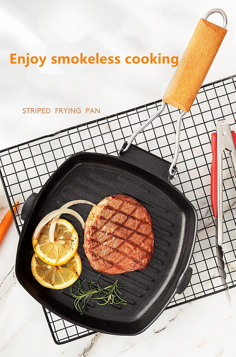 Nonstick Grill Pan with Folding Handle Striped Steak Frying Pan Square Skillet Baking Pan Household or Camping Cookware (8-Inch, Black)