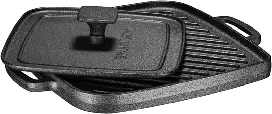 2-In-1 Pre-Seasoned Cast Iron Reversible Griddle Grill Pan with Heavy Grill Press - 10 X 10 Inches Square Pan for Stove Top and Oven Cooking - Durable Grip Handle for Easy Use - Black