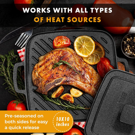 2-In-1 Pre-Seasoned Cast Iron Reversible Griddle Grill Pan with Heavy Grill Press - 10 X 10 Inches Square Pan for Stove Top and Oven Cooking - Durable Grip Handle for Easy Use - Black