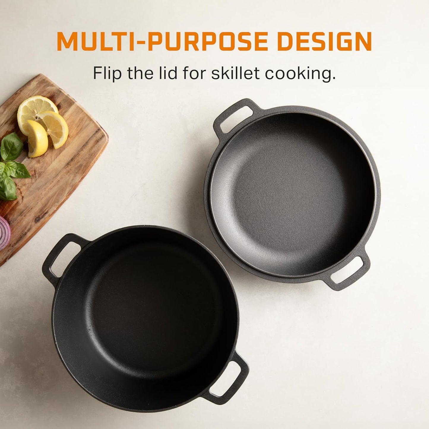 2-In-1 Pre-Seasoned Cast Iron Dutch Oven with Handles - Crock Pot Black Cast Iron Pot with Skillet Lid - All-In-One Cookware Braising Pan for Casserole Dish - 5 Quart - Black