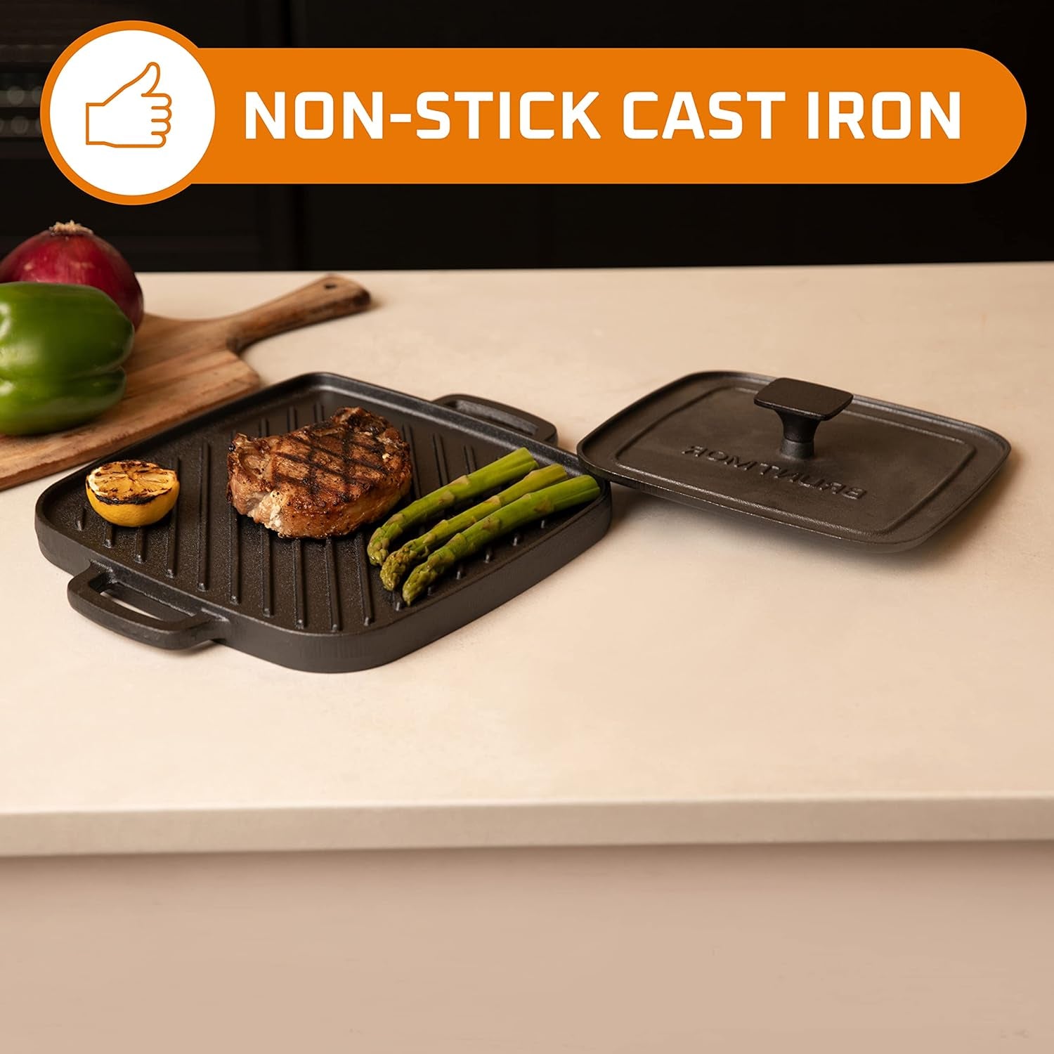 2-In-1 Pre-Seasoned Cast Iron Reversible Griddle Grill Pan with Heavy Grill Press - 10 X 10 Inches Square Pan for Stove Top and Oven Cooking - Durable Grip Handle for Easy Use - Black
