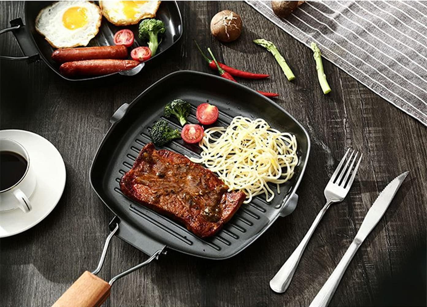 Nonstick Grill Pan with Folding Handle Striped Steak Frying Pan Square Skillet Baking Pan Household or Camping Cookware (8-Inch, Black)