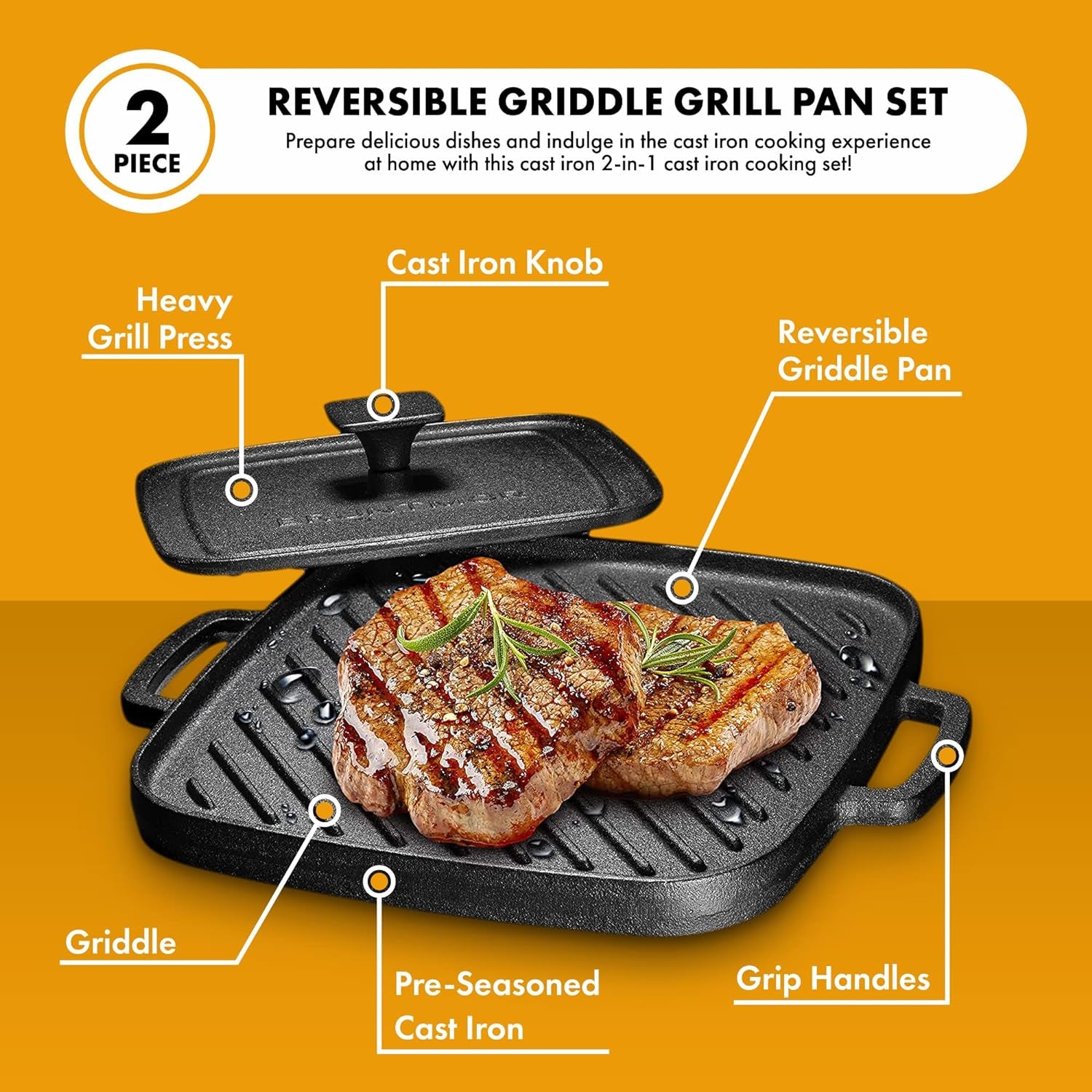 2-In-1 Pre-Seasoned Cast Iron Reversible Griddle Grill Pan with Heavy Grill Press - 10 X 10 Inches Square Pan for Stove Top and Oven Cooking - Durable Grip Handle for Easy Use - Black