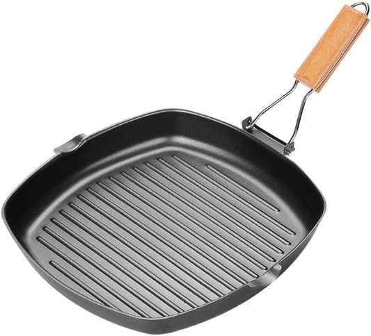 Nonstick Grill Pan with Folding Handle Striped Steak Frying Pan Square Skillet Baking Pan Household or Camping Cookware (8-Inch, Black)